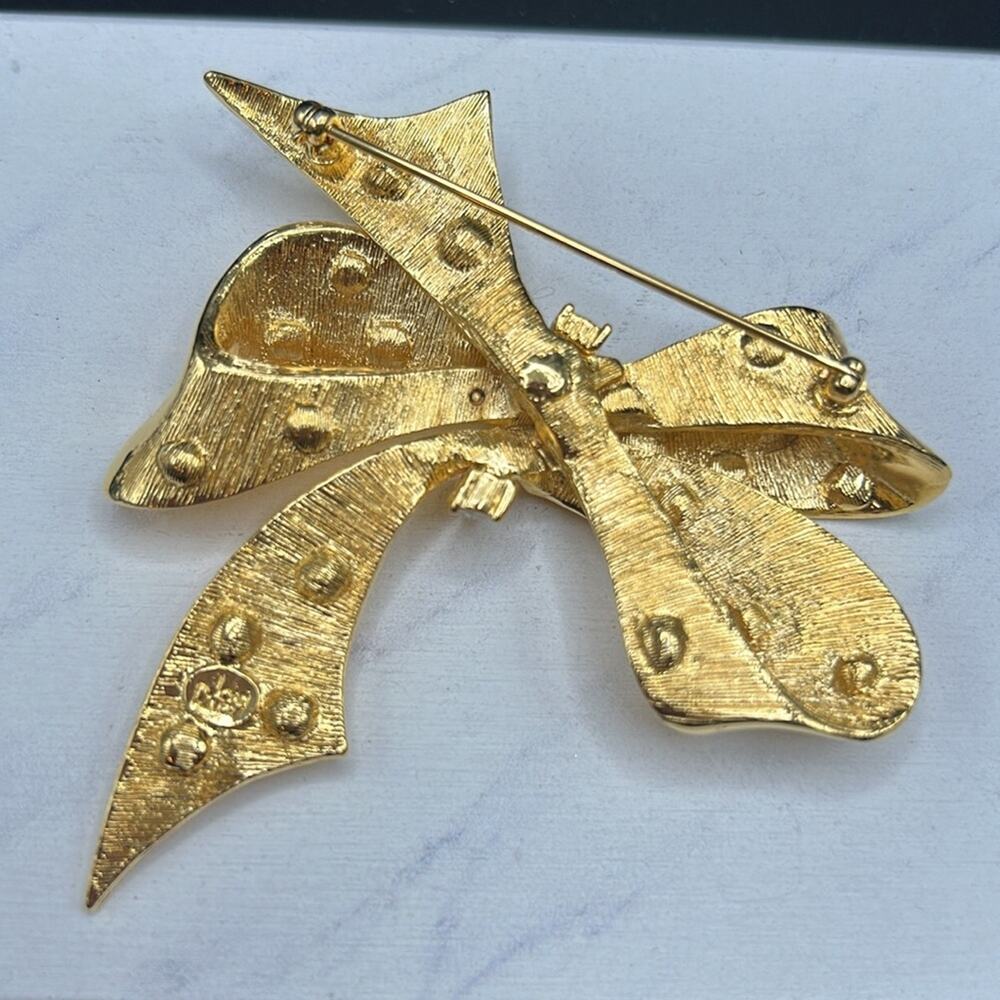 Joan Rivers Bow Ribbon Brooch Pin Gold tone Star Rhinestones #533 - Picture 6 of 8